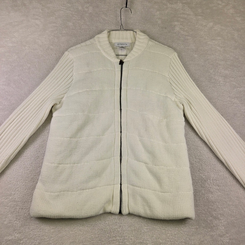 Liz Claiborne Cream White Full Zip Ribbed Knit Sweater Jacket Mock Neck Large